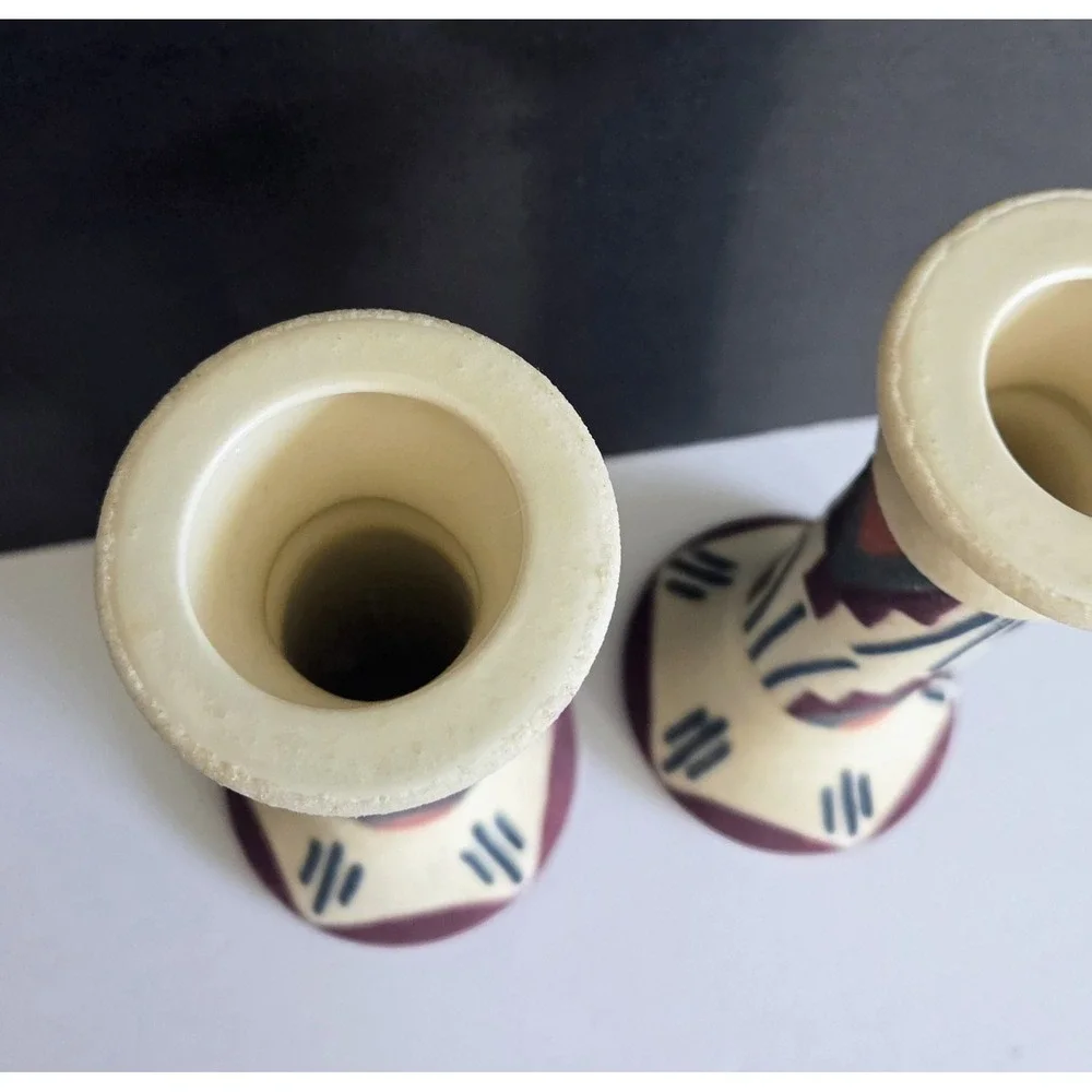 Southwestern‎ Geometric Tribal Sand Art Painted Candlestick Candle Holder Pair